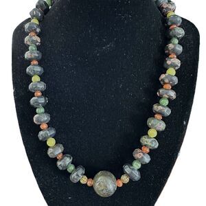 Unakite and Jade Beaded Necklace 19 Inch Polished Crystal Gemstone